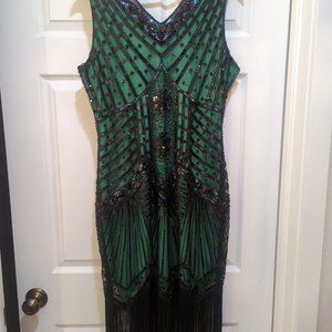 Emerald and black sequined dress